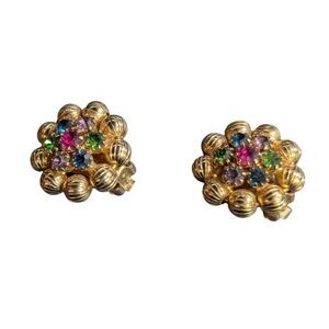 Weiss Gold Tone Clip-On Earrings With Multicolor Rhinestones Retro Flower Design